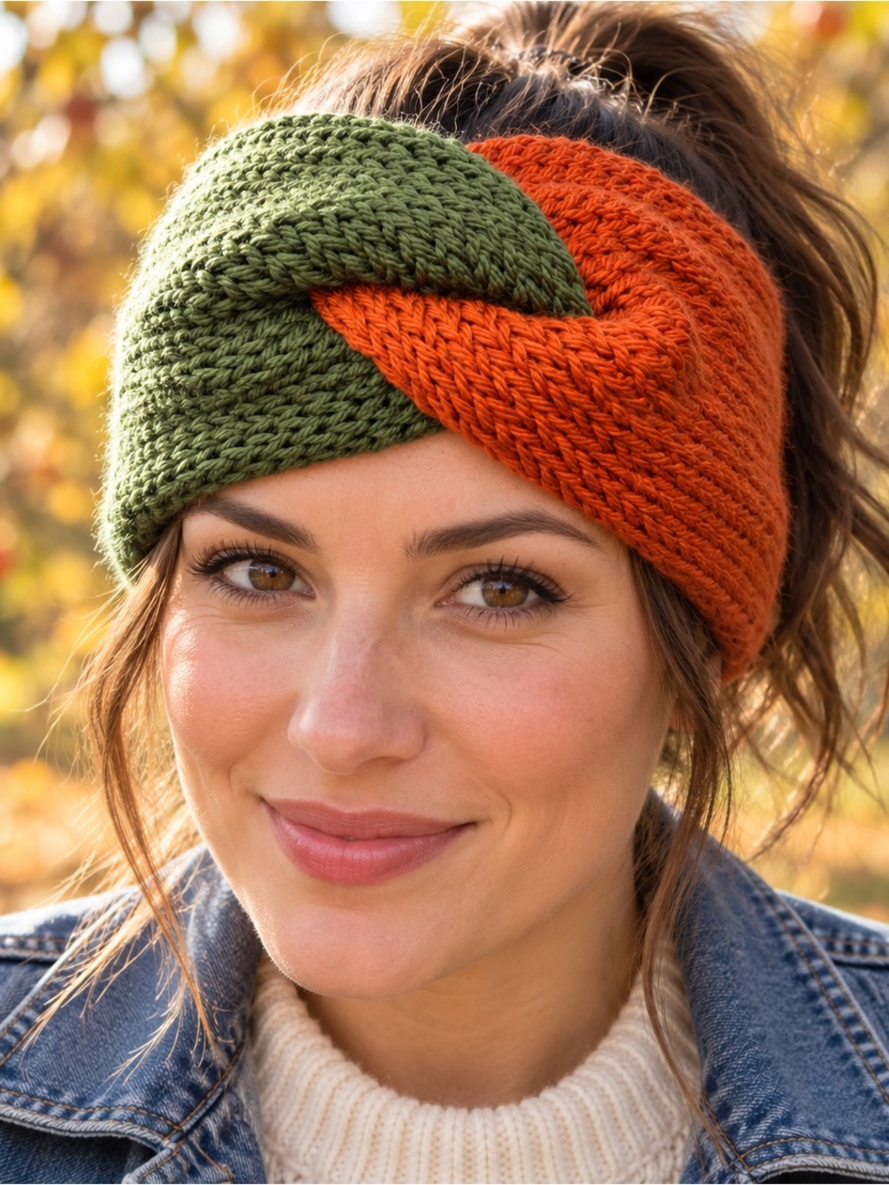 Handmade Knit Twist Ear Warmer Olive Green Burnt Orange Fall Headband